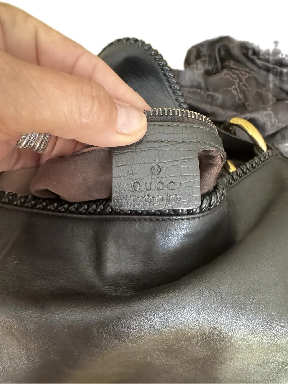 Gucci Black Leather Hobo with Gold Rings